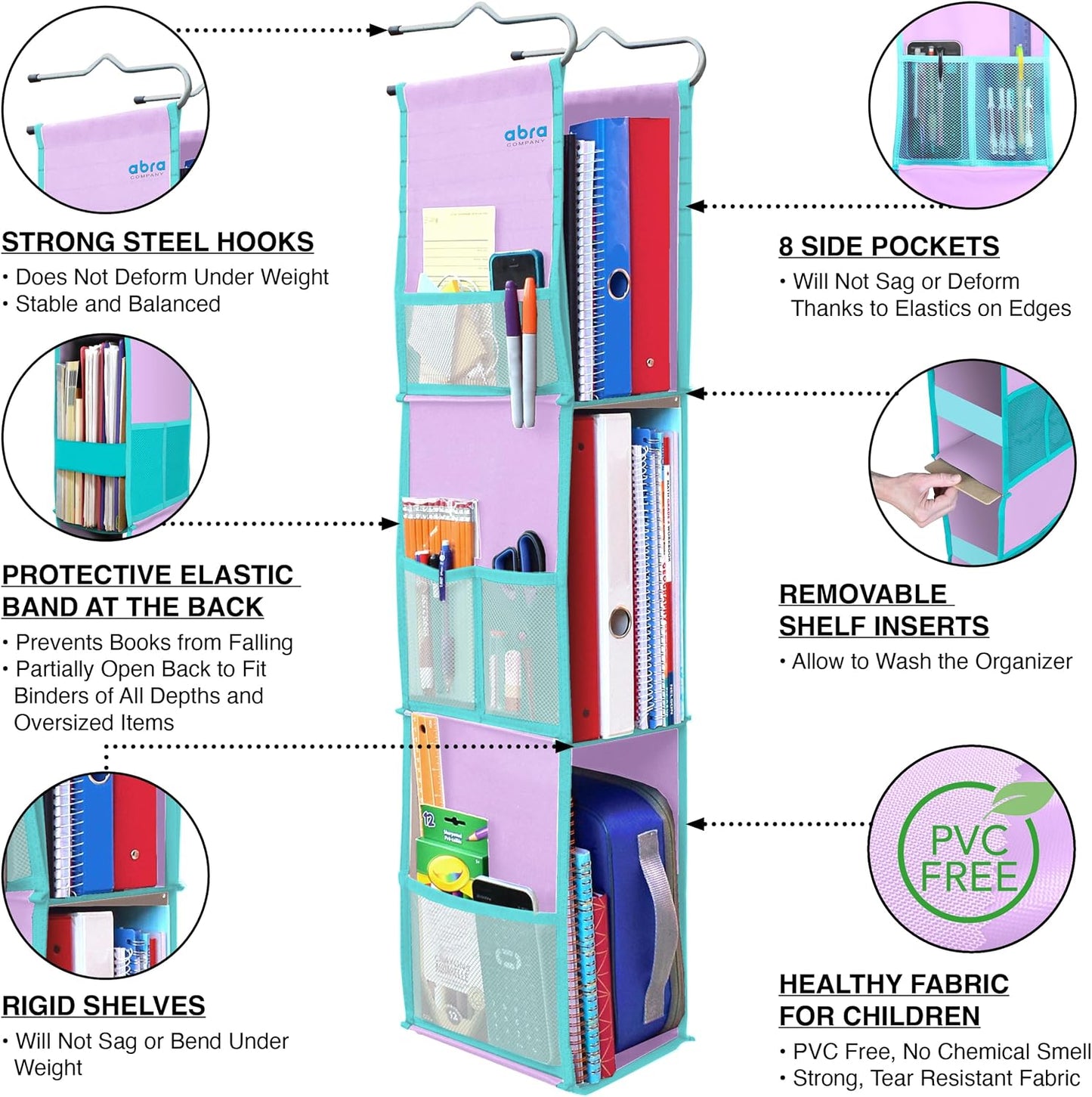 ABRA® 3 Shelf Hanging Locker Organizer for School, Gym, Work, Storage | Deep Shelves 6”x 9”| Eco-Friendly Fabric Healthy for Children | Adjustable School Locker Shelf 3 to 2 Shelves (Pink)