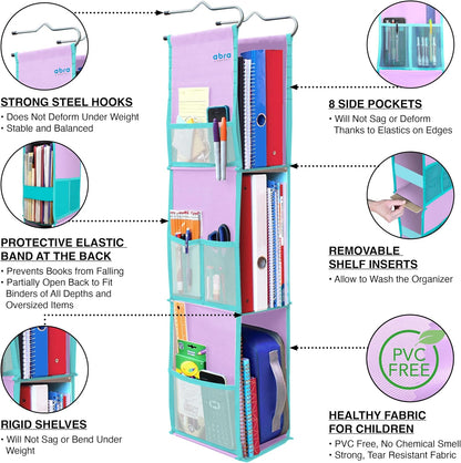 ABRA® 3 Shelf Hanging Locker Organizer for School, Gym, Work, Storage | Deep Shelves 6”x 9”| Eco-Friendly Fabric Healthy for Children | Adjustable School Locker Shelf 3 to 2 Shelves (Pink)