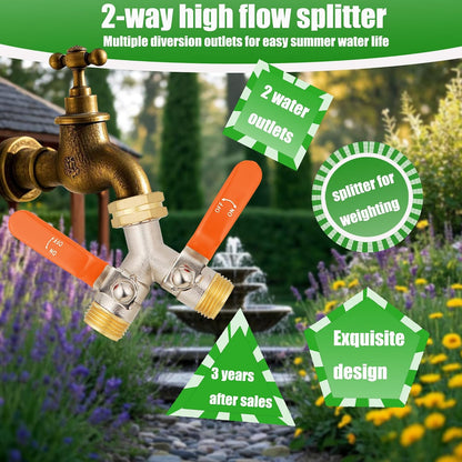 EJW Hose Splitter 2 Way, Garden Hose Splitters, 2 Way Faucet Splitter, Water Spigot Splitter, RV Brass Hose Splitter, Two way Hose Bib Splitter, Double Hose Connector, Hose Valve 3/4 Inch GHT Thread.