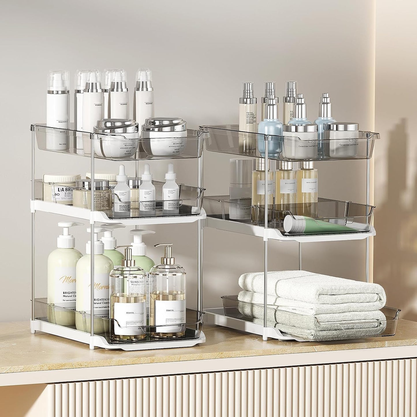 Delamu 2 Sets of 3-Tier Bathroom Under Sink Organizers and Storage, Multi-Purpose Stackable Pantry Organization and Storage, Pull Out Clear Kitchen Bathroom Cabinet Organizer with Movable Dividers | Storage