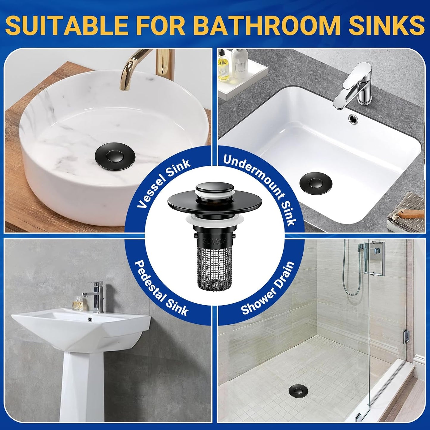 2PCS Bathroom Sink Stopper Strainer, Pop-Up Bathroom Sink Drain Strainer with Removable Stainless Steel Hair Catcher Basket, Universal Fit for US Bathroom Sinks, Bathtubs, Showers & Floor Drains