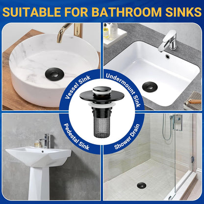 2PCS Bathroom Sink Stopper Strainer, Pop-Up Bathroom Sink Drain Strainer with Removable Stainless Steel Hair Catcher Basket, Universal Fit for US Bathroom Sinks, Bathtubs, Showers & Floor Drains