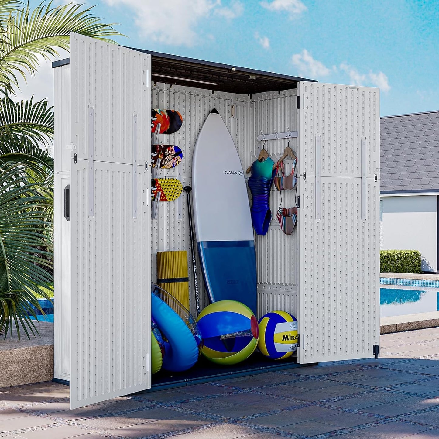 AOXUN Horizontal Storage Sheds 21 Cu.ft, HDPE Outdoor Storage Box 160 Gallon, Waterproof Lockable Resin Deck Box with Spring-Assisted Lid, Patio Storage for Garden, Pool, Cushions, Tools, White