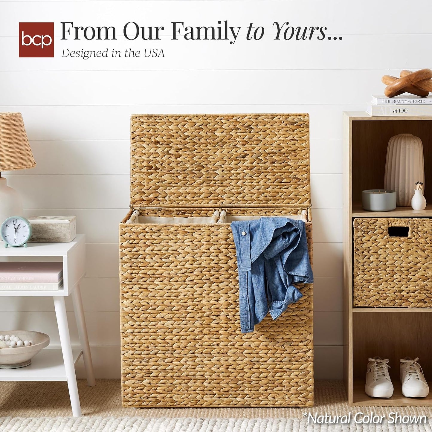 Best Choice Products Large Double Laundry Hamper with Lid, Natural Handwoven Water Hyacinth, 2 Sections w/ 2 Machine Washable Linen Liner Bags, Portable, Handles - Natural