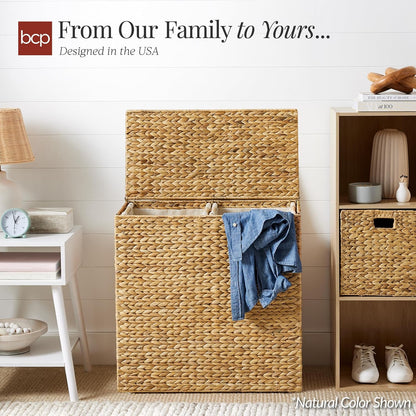 Best Choice Products Large Double Laundry Hamper with Lid, Natural Handwoven Water Hyacinth, 2 Sections w/ 2 Machine Washable Linen Liner Bags, Portable, Handles - Natural