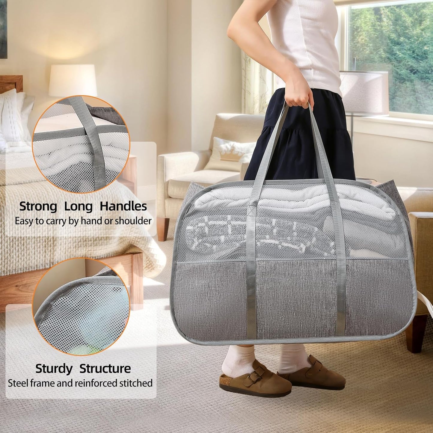Collapsible Laundry Baskets with 3 Compartment, 150L Tear-proof Pop Up Hamper, Foldable Laundry Basket with Tote Handles, Dirty Clothes Hamper for Laundry, Bedroom, Bathroom, Dorm Grey
