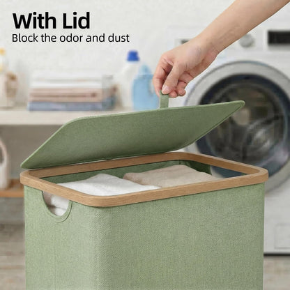 efluky Slim Laundry Basket with Lid, Narrow Laundry Hamper with Removable Bag, Skinny Dirty Clothes Basket with Bamboo Handles for Bathroom, Bedroom & Laundry Room, 75L Beige