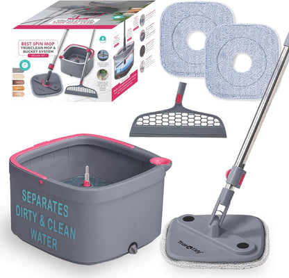 TRUE & TIDY Square Spin Mop & Bucket System – Dual Chamber for Clean & Dirty Water, 360° Rotating Self-Wringing Mop with Built-in Scrub Brush, Stainless Steel Handle & 2 Reusable Microfiber Mop Pads
