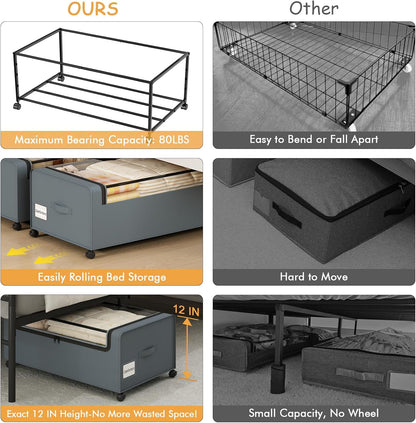 Webetop Under Bed Storage Containers with Wheels,12 inch Under the Bed Storage Bins with Clear Lid for Underneath Small Spaces Dorms, Blankets (2 Pack, 30.7"x17.3"x12")