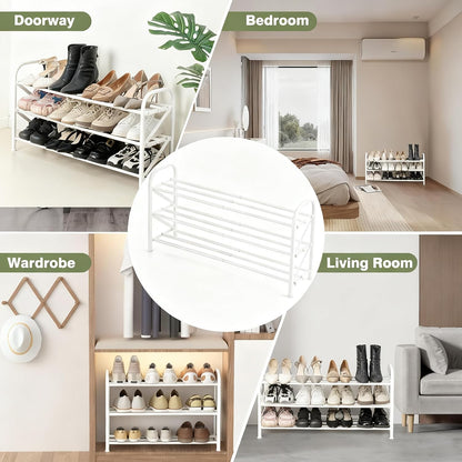 4-Tier Expandable Shoe Rack, Stackable and Adjustable Shoes Organizer Storage Shelf, Sturdy and Durable Metal Structure Free Standing Shoe Rack for Closet Entryway Doorway