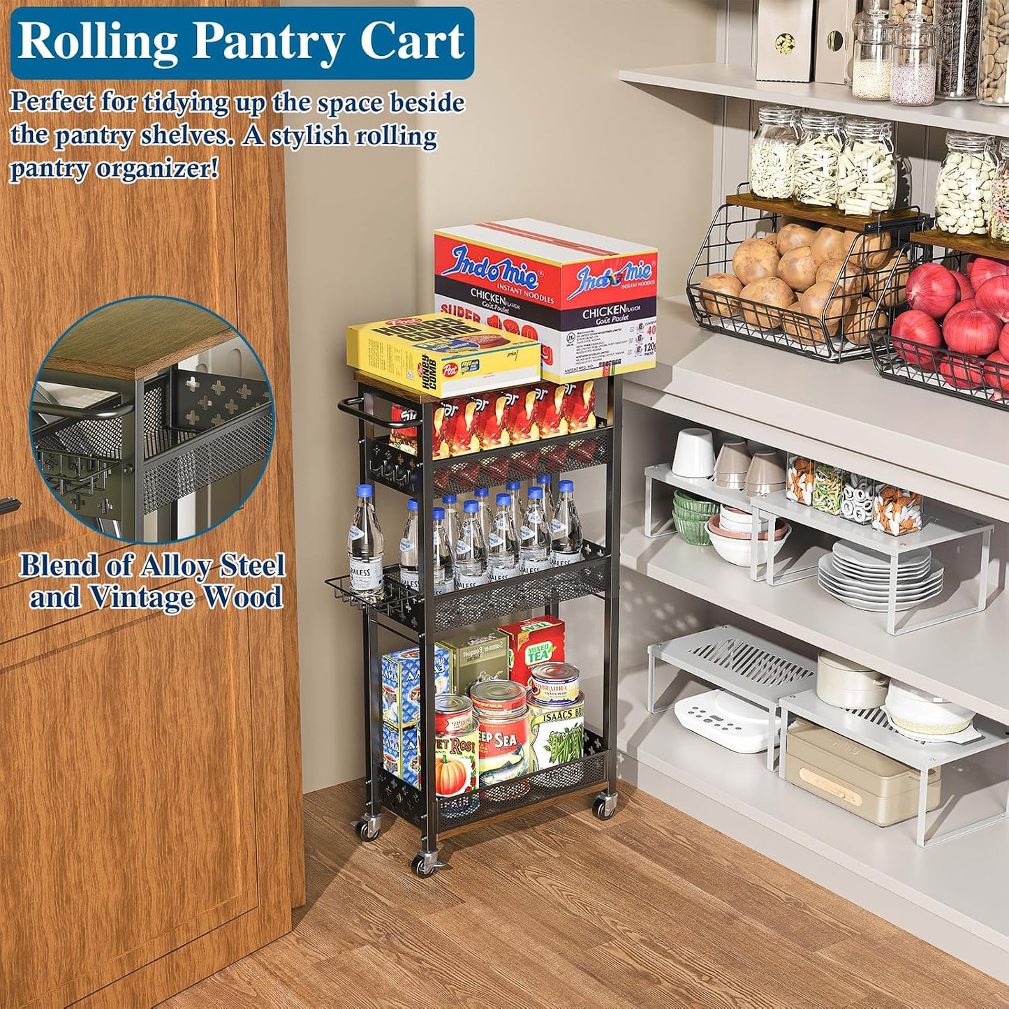 OKZEST Slim Laundry Room Organization Cart with Detergent Dispenser Holder | 4-Tier narrow rolling cart for small space, Holds tall bottles, Upgraded metal hub casters, Premium wood & metal mesh shelves