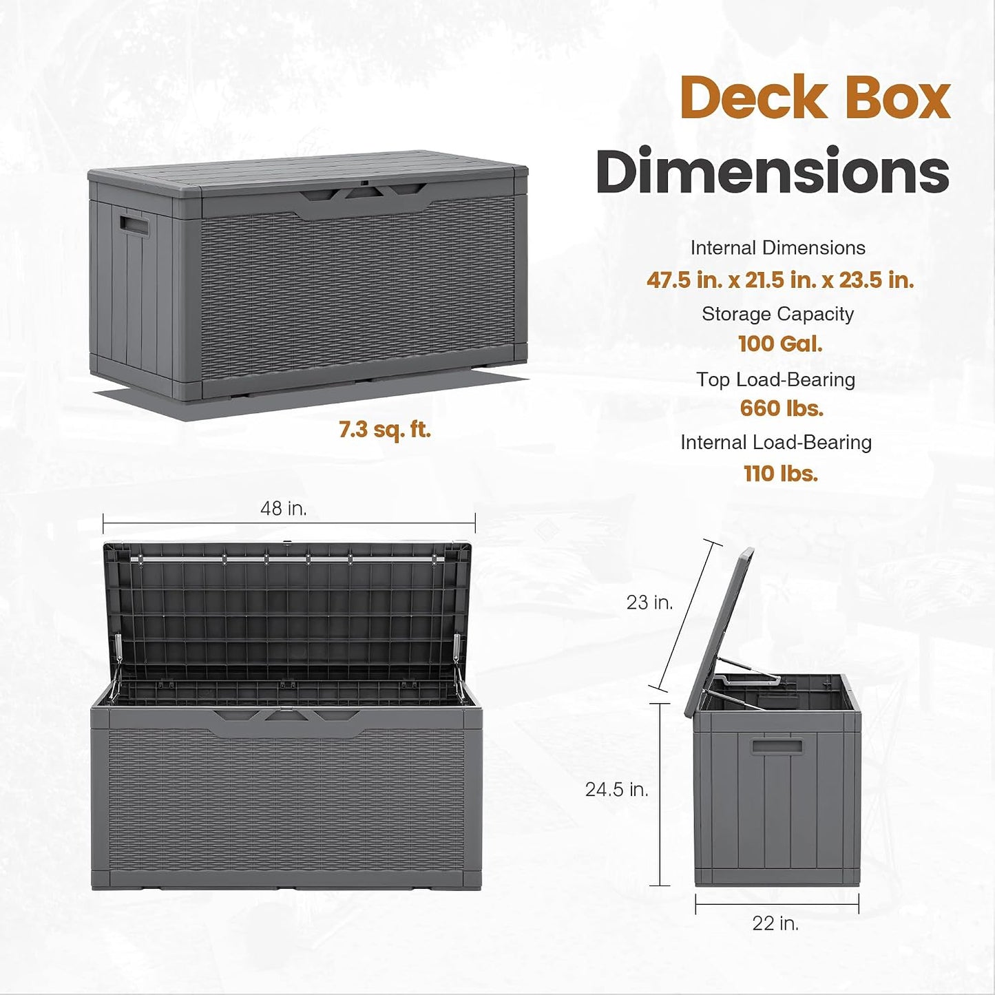 Greesum 110 Gallon Outdoor Storage Box with Lockable Lid, All-Weather for Patio Furniture, Pool Supplies & Garden Tools, Waterproof, UV-Resistant Large Deck Box, Dark Black
