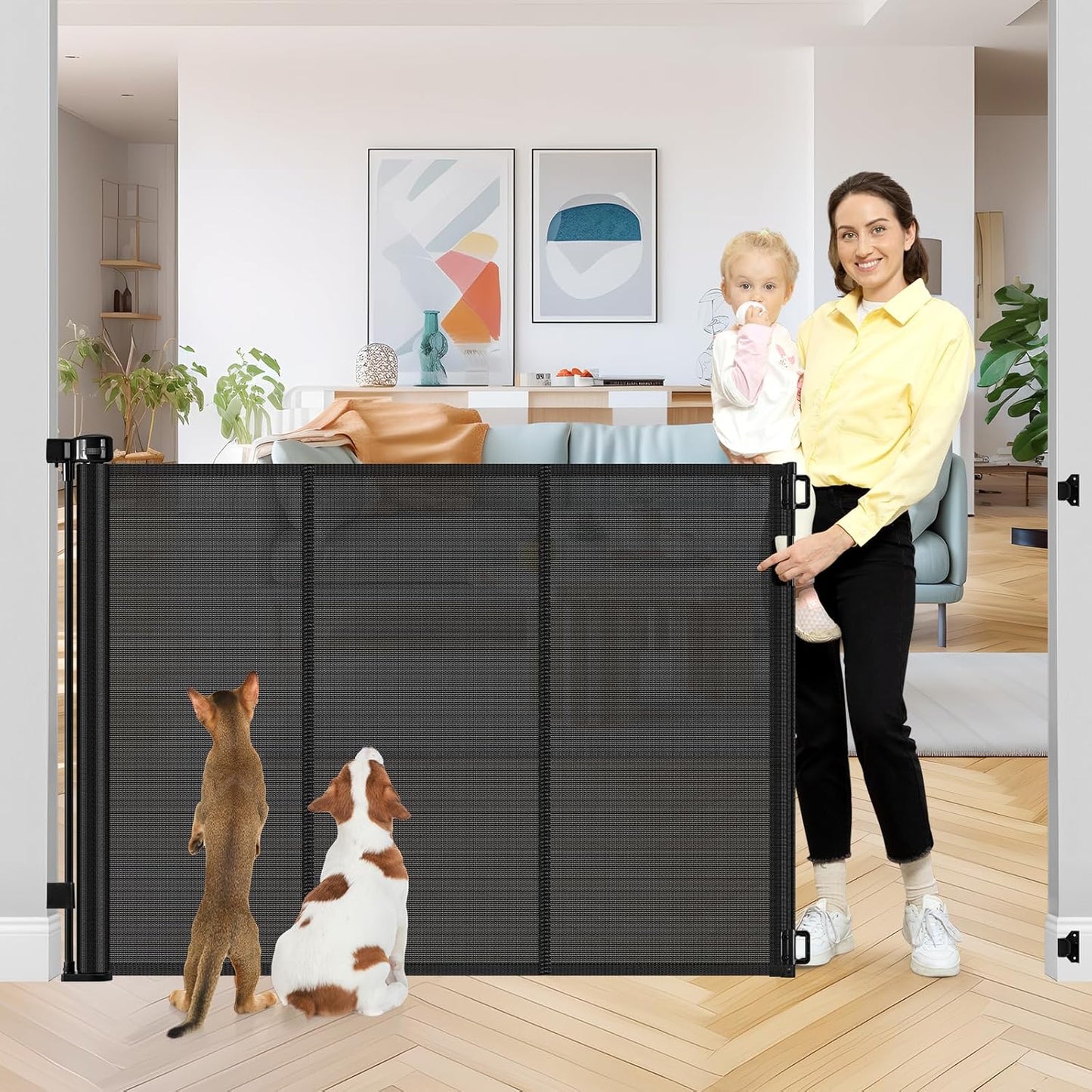 42 Inch Extra Tall Retractable Baby Gates with Reinforced Strips 55 Inch Wide Outdoor Retractable Dog Gate No Sag Extra Tall Baby Gate for Doorway Anti-Scratch Mesh Gates for Kids or Pets, White