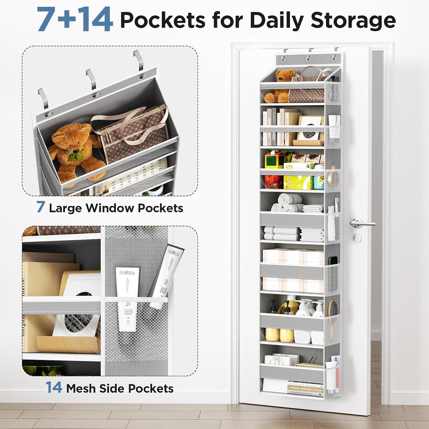 6 Tiers Over The Door Organizer, Heavy Duty Hanging Organizer Storage with Large Capacity Pockets, Behind Door Storage Hanging Shelves for Closet Wall Bathroom Bedroom Nursery Pantry, 1 Pack Grey