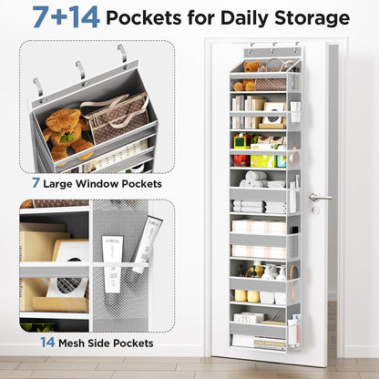 6 Tiers Over The Door Organizer, Heavy Duty Hanging Organizer Storage with Large Capacity Pockets, Behind Door Storage Hanging Shelves for Closet Wall Bathroom Bedroom Nursery Pantry, 1 Pack Grey