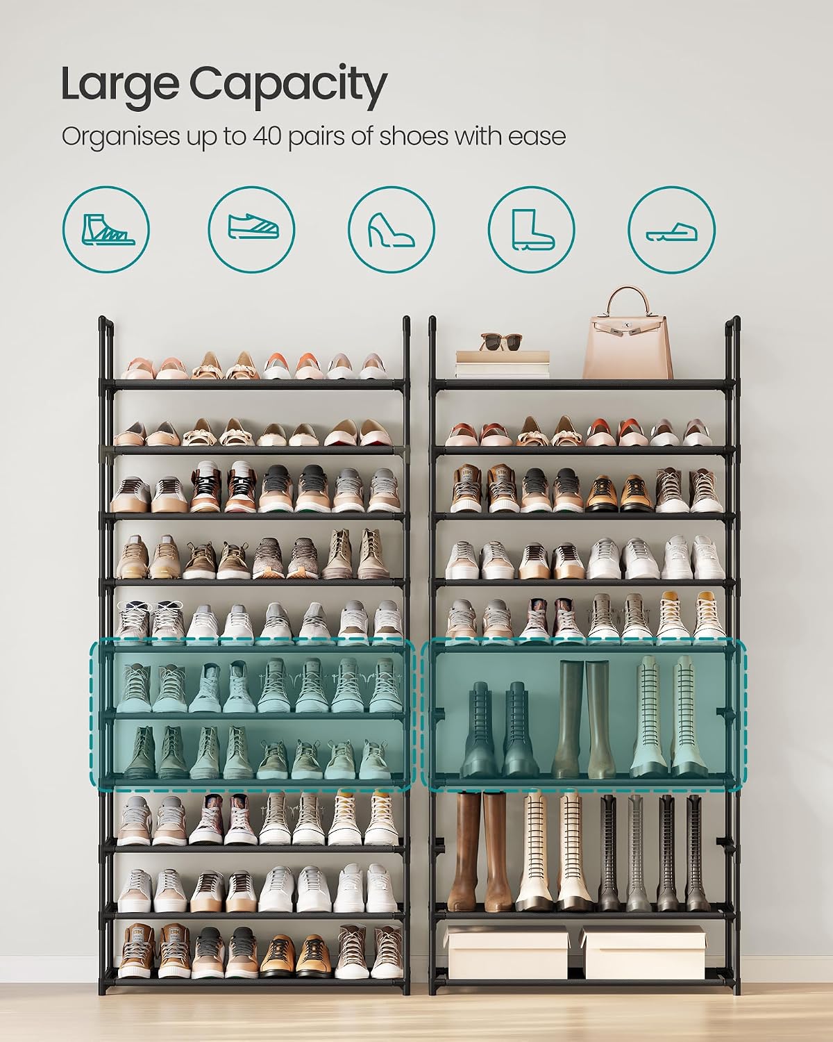 SONGMICS Shoe Rack, 10-Tier Shoe Shelf, Shoe Storage Organizer, 11 x 17.7 x 68 Inches, Metal Frame, Non-Woven Fabric Shelves, for Entryway, Bedroom, Black ULSH010B02