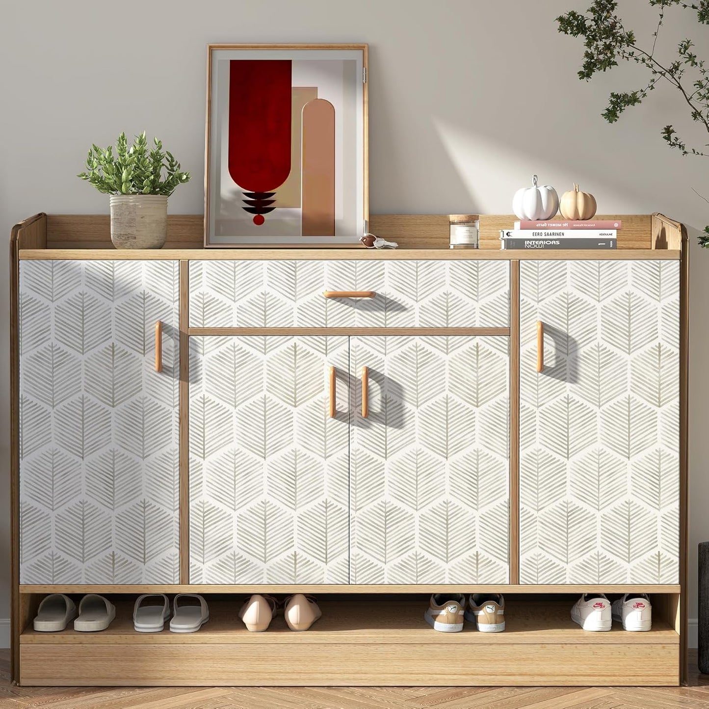 MelunMer 118In L 17.3In W Modern Peel and Stick Wallpaper Boho Contact Paper for Cabinets/Drawers Self Adhesive Removable Wallpaper for Bedroom/Bathroom Waterproof Geometric Contact Paper Beige/White
