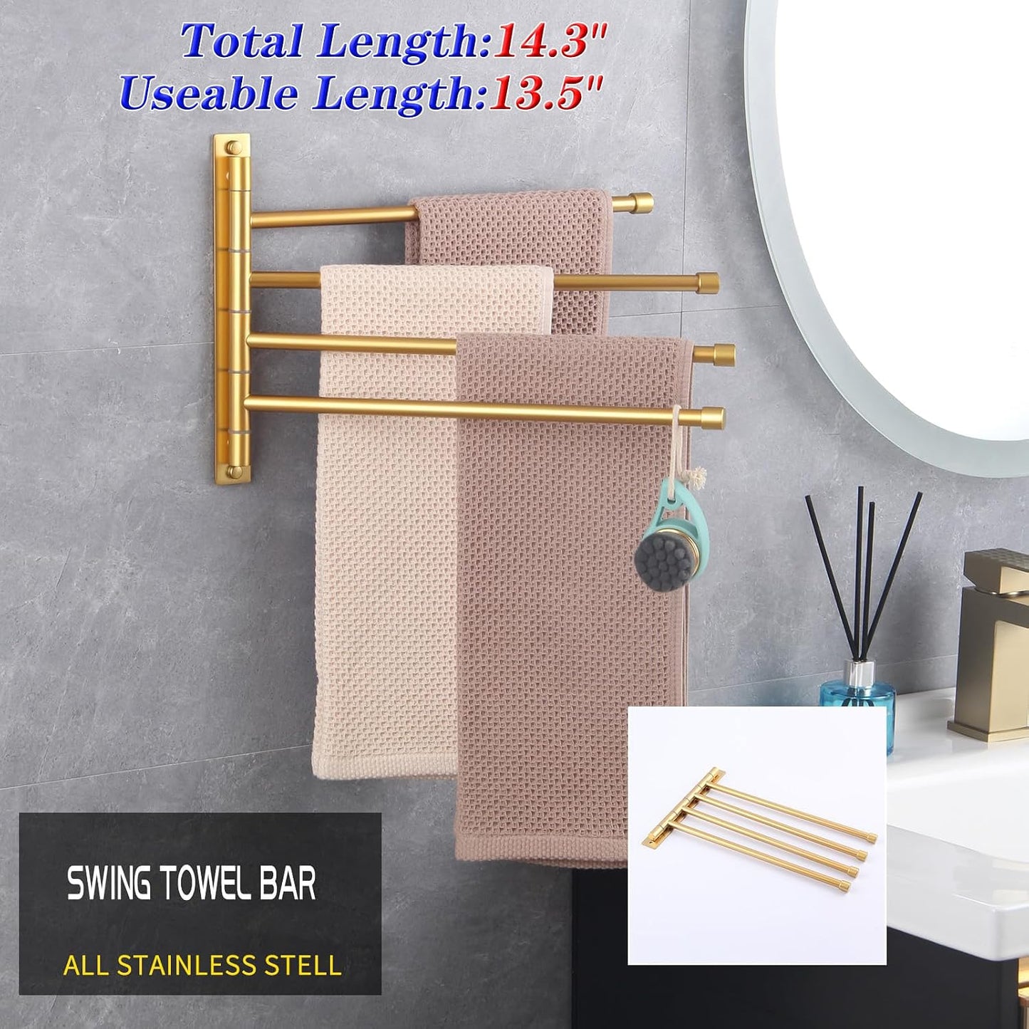 GERZWY Wall Mount Bath Towel Rack with 4 Arms Stainless Steel Bathroom Swing Arm Towel Bars Organizer, White