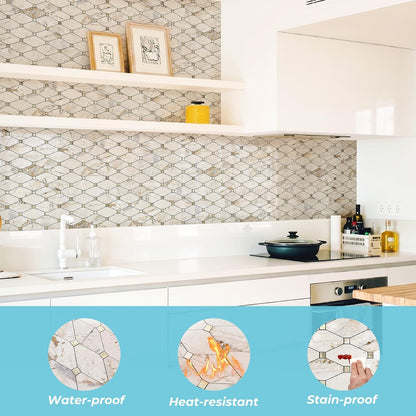 STICKGOO 10 Sheets Peel and Stick Backsplash, Polished Dolomite PVC Mixed Metal Gold Kitchen Backsplash, Stick on Backsplash Wall Tiles for Kitchen, Bathroom, RV
