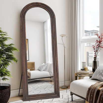 Solid Wood Full Length Mirror - 65"x22" Arched Floor Mirror, Free Standing & Wall Mounted - Elegant Design for Bedroom, Dressing Room, Hallway, Brown