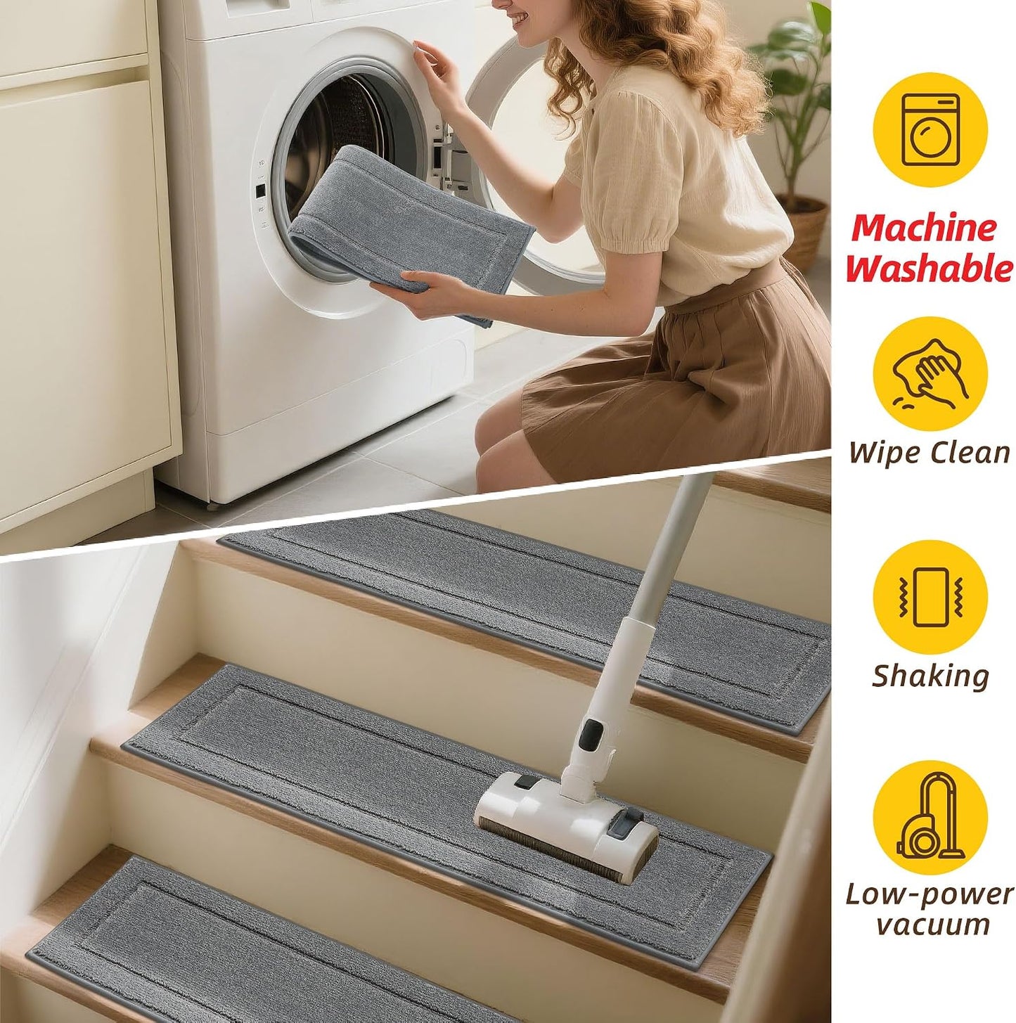JSEI Stair Treads for Wooden Steps Indoor, 15-Pack Non Slip Stair Treads 30" x 8", Washable Polyester Stair Mats with TPE Backing, Low Profile Stair Rugs for Kids, Seniors and Dogs, Brown