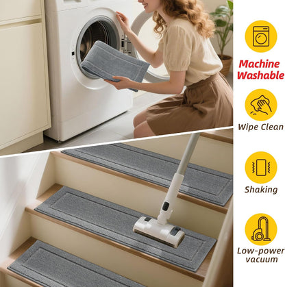 JSEI Stair Treads for Wooden Steps Indoor, 15-Pack Non Slip Stair Treads 30" x 8", Washable Polyester Stair Mats with TPE Backing, Low Profile Stair Rugs for Kids, Seniors and Dogs, Brown