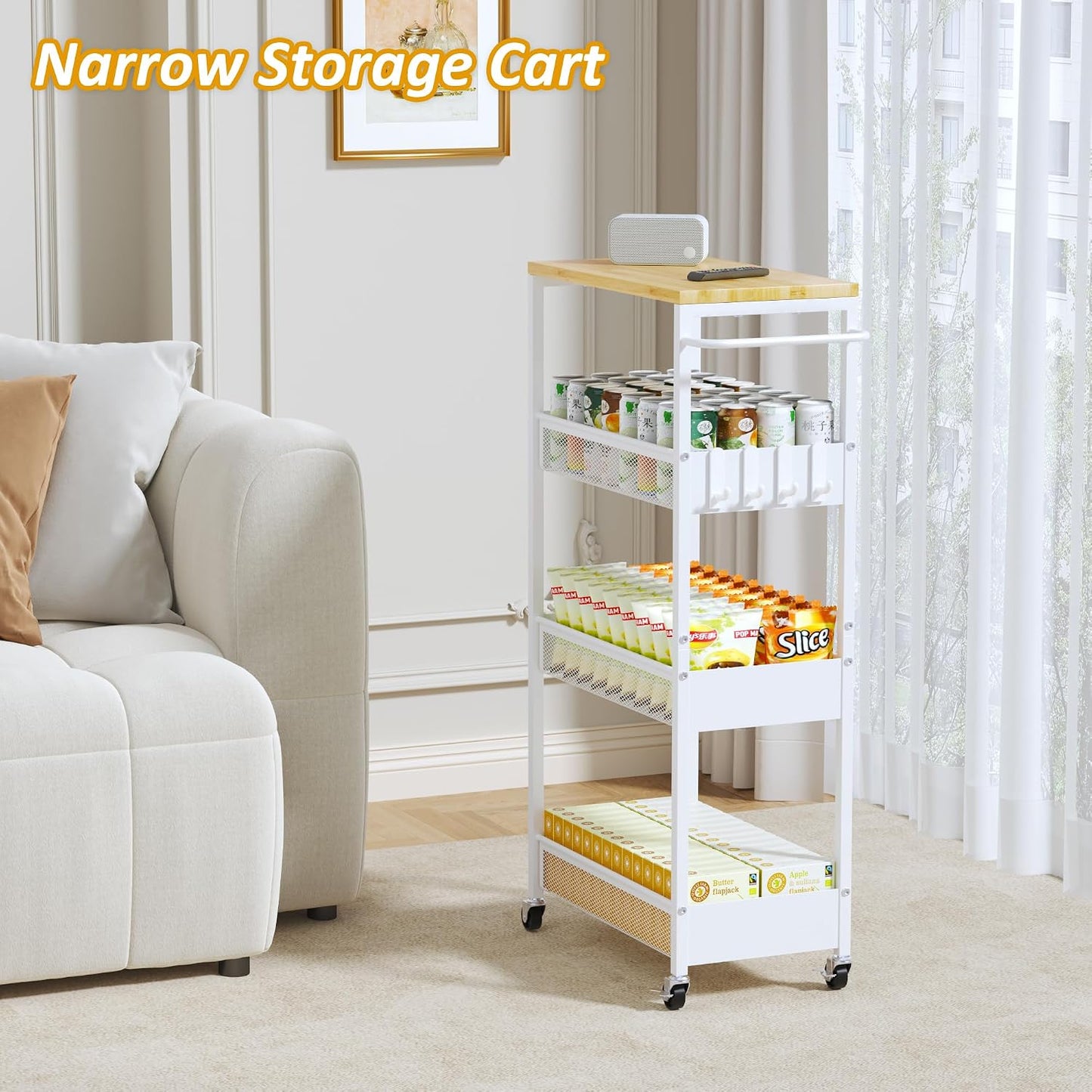 Vincona 7.1" Wide Slim Storage Cart on Wheels, 4 Tier Metal Narrow Rolling Cart with Handle and Wood Top, Multifunctional Small Mobile Shelf Unit Organizer Trolley for Laundry, Bathroom, Kitchen