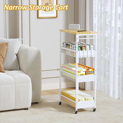 Vincona 7.1" Wide Slim Storage Cart on Wheels, 4 Tier Metal Narrow Rolling Cart with Handle and Wood Top, Multifunctional Small Mobile Shelf Unit Organizer Trolley for Laundry, Bathroom, Kitchen