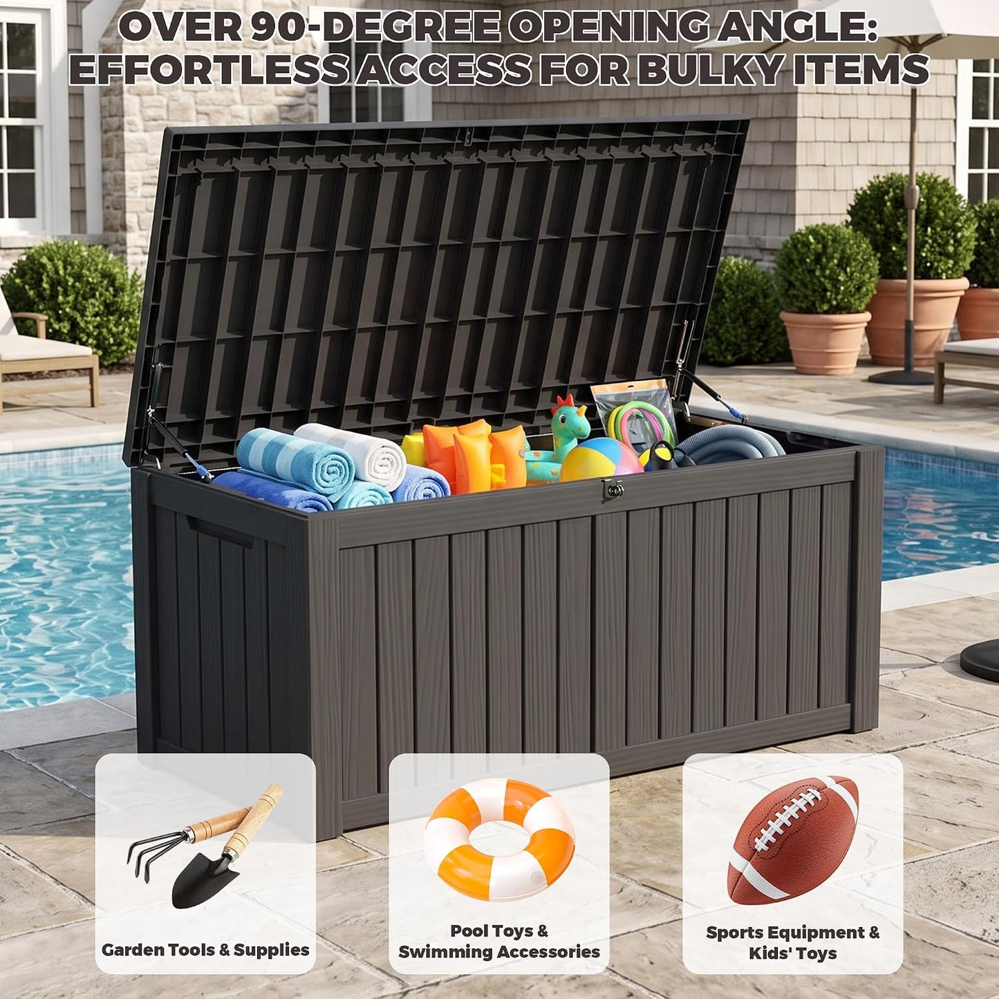 Outdoor Storage Box, 320 Gallon Waterproof Deck Box [Upgraded 3.0], Dual Gas-Spring Ultimate Resin Organizer for King Cushions, Heavy-Duty Lockable Estate Storage Bench, Backyard BBQ, Black