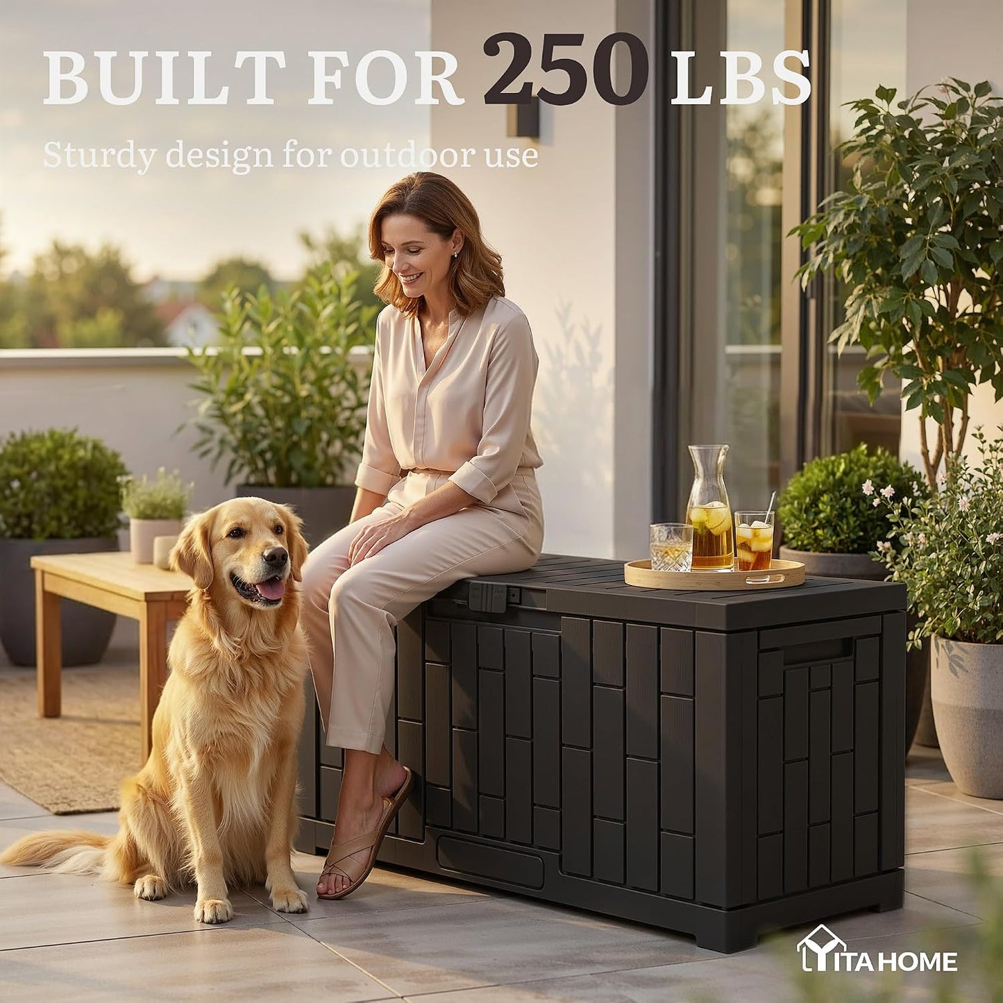 YITAHOME 100 Gallon Large Outdoor Deck Box | Waterproof Resin Storage Box, Lockable Indoor Outdoor Storage Container for Patio Furniture Cushions, Pool Accessories