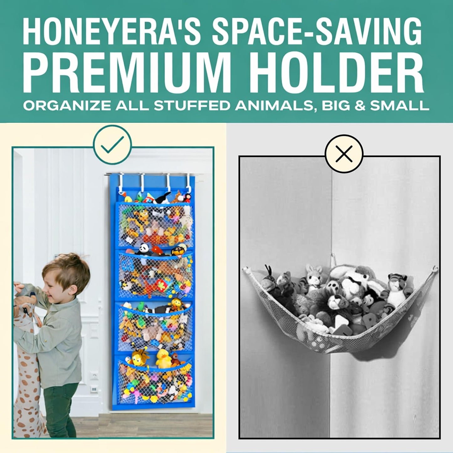 Honeyera The Original Stuffed Animal Storage (Patented) - Over Door Organizer for Stuffies, Baby Ideas Holder, Toy Plush Hammock Hanging Net Big Girls Toddler Large Bag Animals Stuffy Behind