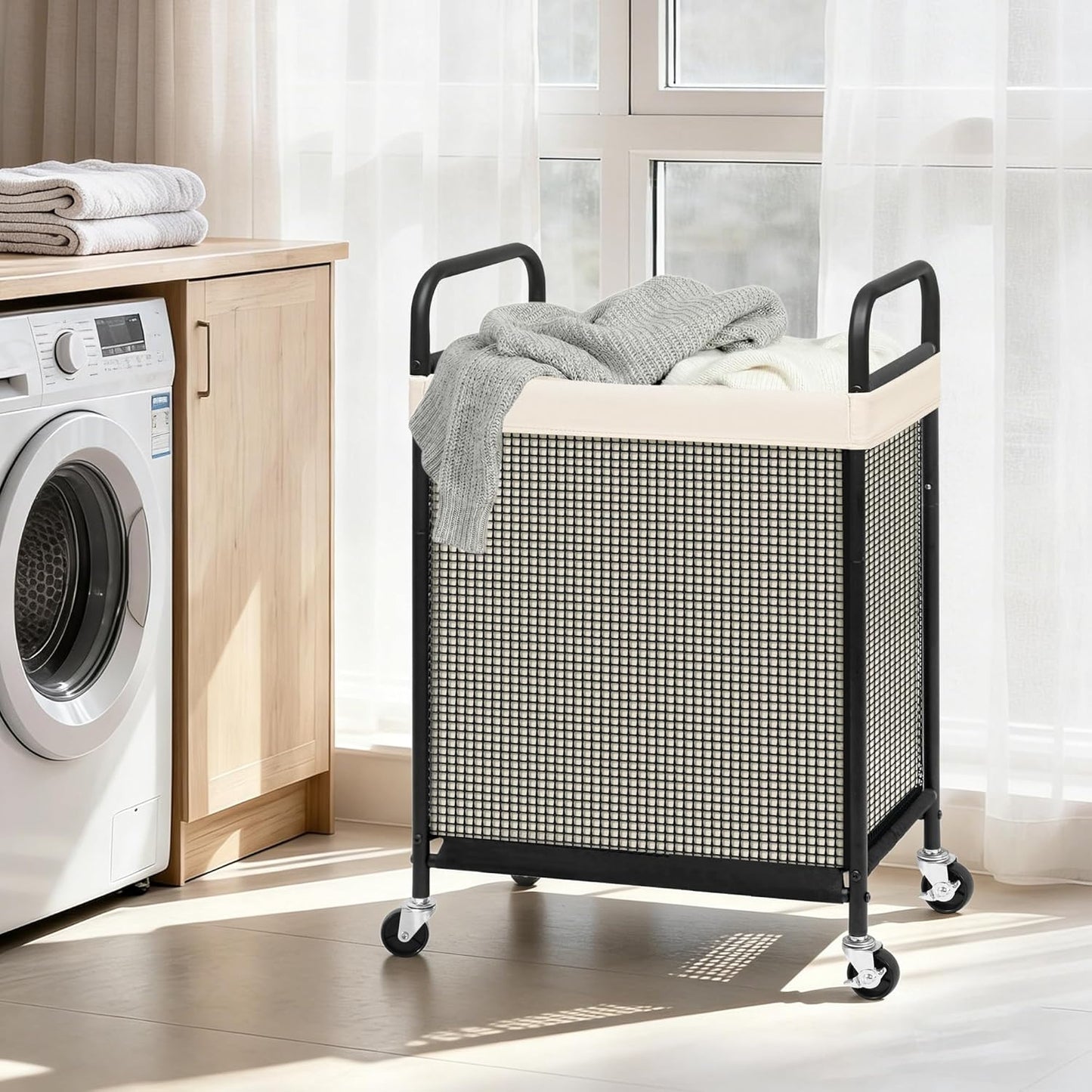 STORAGE MANIAC Rolling Laundry Hamper with Wheels 3-Section Laundry Sorter Rolling Laundrys Basket on Wheels with Removable Bag Clothes Hamper Laundrys Organizer Cart Bathroom Bedroom 120L Beige