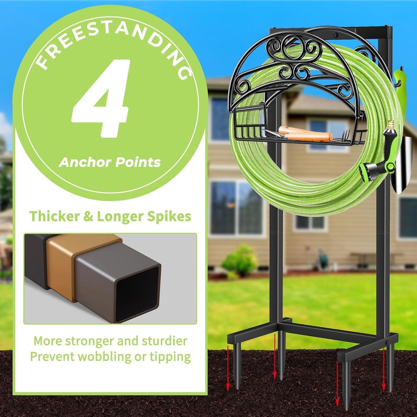 TomCare Garden Hose Holder Upgraded Water Hose Holder Heavy Duty 4 Spikes Hose Hanger Holds 160 Feet Hoses Stable Freestanding Hose Storage Organizer for Outside Yard