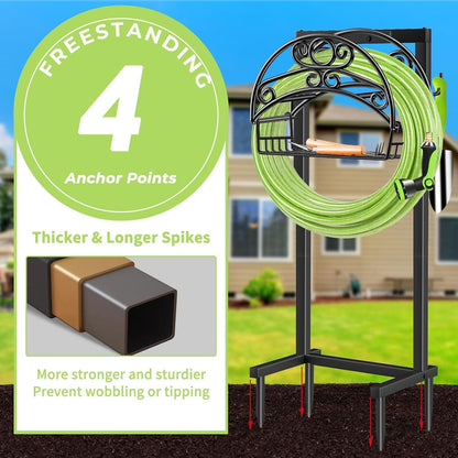TomCare Garden Hose Holder Upgraded Water Hose Holder Heavy Duty 4 Spikes Hose Hanger Holds 160 Feet Hoses Stable Freestanding Hose Storage Organizer for Outside Yard