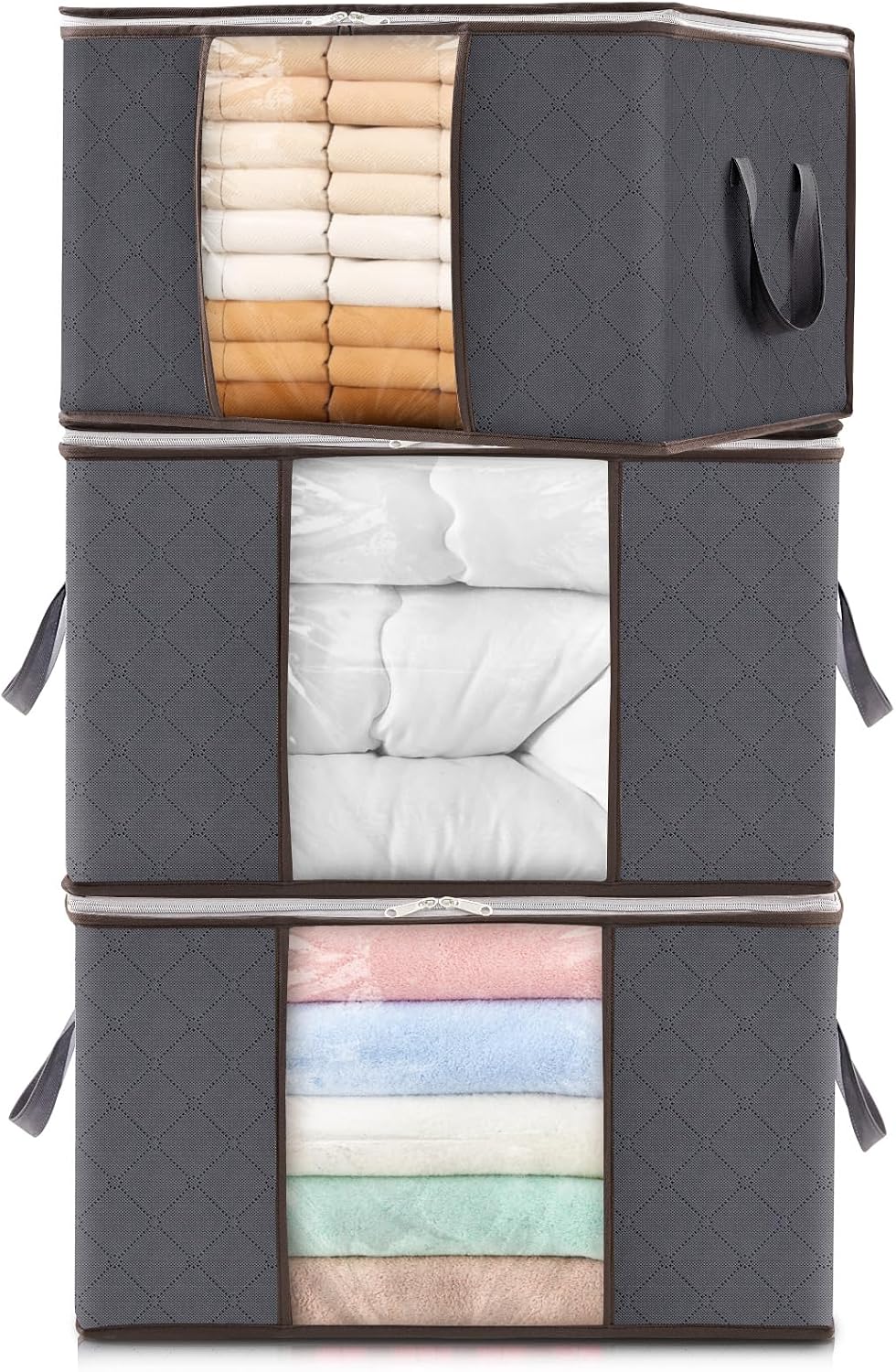 Lifewit 3 Pack 90L Clothes Storage Bins with Lids, Foldable Blanket Storage Bags with Zippers, Clear Window and Reinforced Handles, Closet and Organization for Clothing, Sweater, Comforter, Bedding