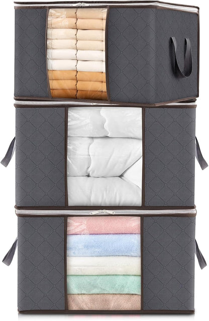 Lifewit 3 Pack 90L Clothes Storage Bins with Lids, Foldable Blanket Storage Bags with Zippers, Clear Window and Reinforced Handles, Closet and Organization for Clothing, Sweater, Comforter, Bedding