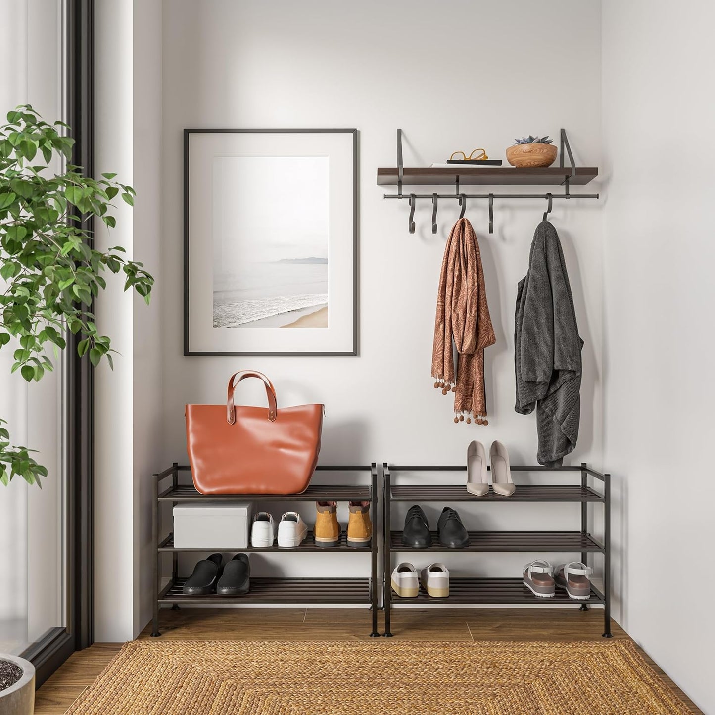 Seville Classics Sturdy Freestanding Storage Shelf for Bedroom, Closet, Entryway, Dorm Room Organizer Stackable Durable Metal Shoe Rack Ash Gray Slat, 3-Tier