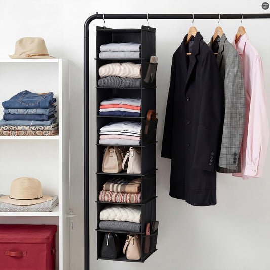 YOUDENOVA Upgraded Extra Wide Hanging Shoe Organizer for Closet, 8-Shelf Storage Organizer with 8 Side Pockets, Hanging Shoe Rack for Hats Clothes Jeans, Grey