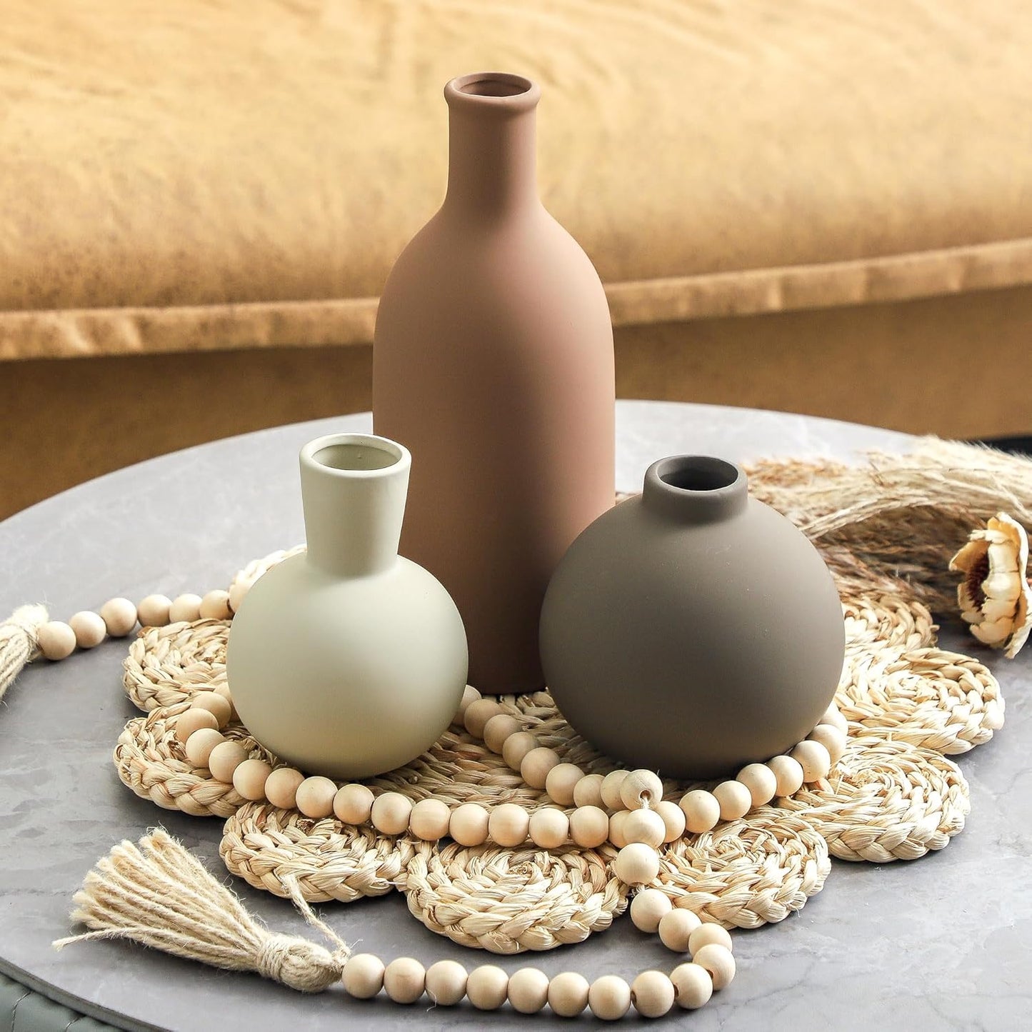 Ceramic Vase Set of 3, Decorative Vases Home Decor Modern Neutral Flower Pampass Boho Vase for Living Room, Table, Mantel, Entryway, Bookshelf, Kitchen, Bedroom, Bathroom - White