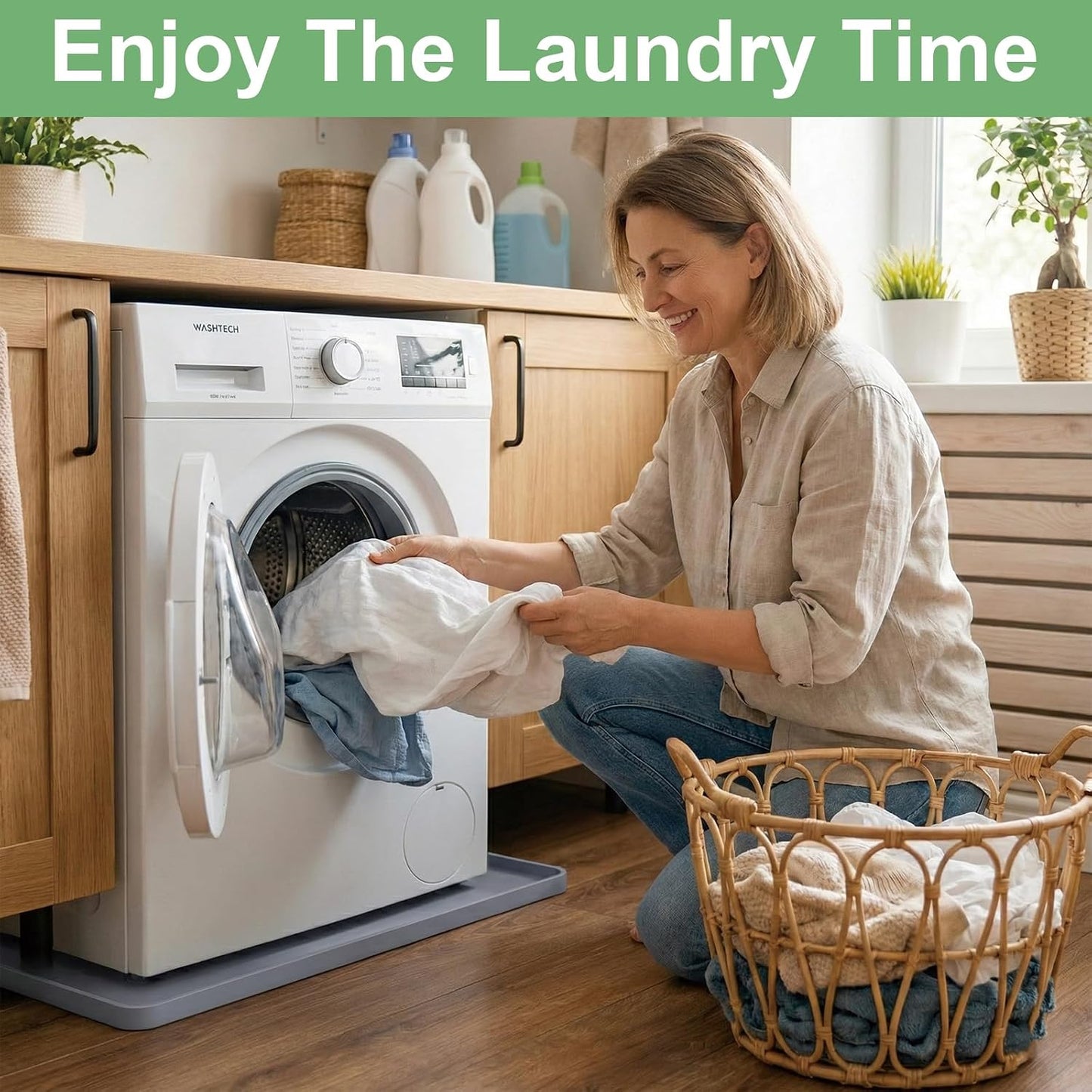 27 x 27 Inch Washing Machine Drain Pan, Silicone Washer Pan, Black | 2cm Raised Waterproof Edge, Washer and Dryer Mat for Floor Protection, Fits Compact Washers Up to 3.5 Cu.Ft.