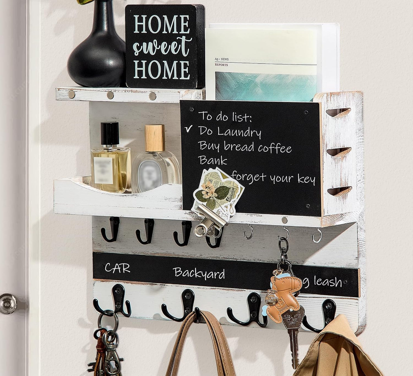 Key Holder for Wall Mount with Shelf and Mail Organizer, Key and Mail Holder with 16 Hooks, Farmhouse Entryway Organizer, Home Decor Rack (Pine Wood, Black)