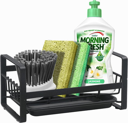 Kitchen Sponge Holder for Sink, Kitchen Sink Caddy Organizer, Sink Tray Drainer Rack, Dish Rags Brush Soap Storage Countertop with Removable Front Drain Pan - Black