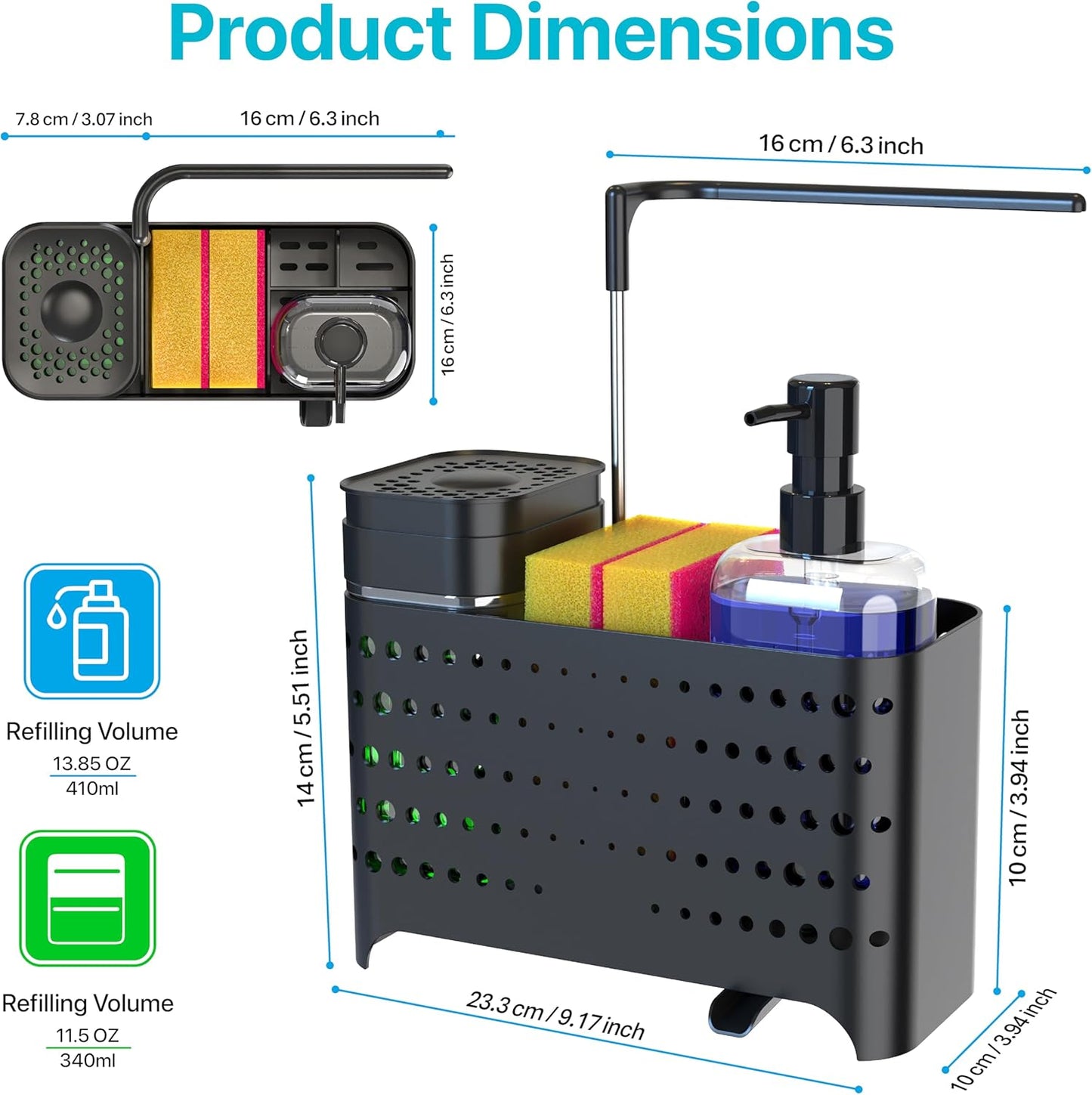YAN & HIN Dish Soap Dispenser Set with Sponge Holder for Kitchen Sink, 5-in-1 Sink Caddy Organizer with Drain Tray, Brush Holder & Towel Rack, Space Saving Kitchen Counter Organizer
