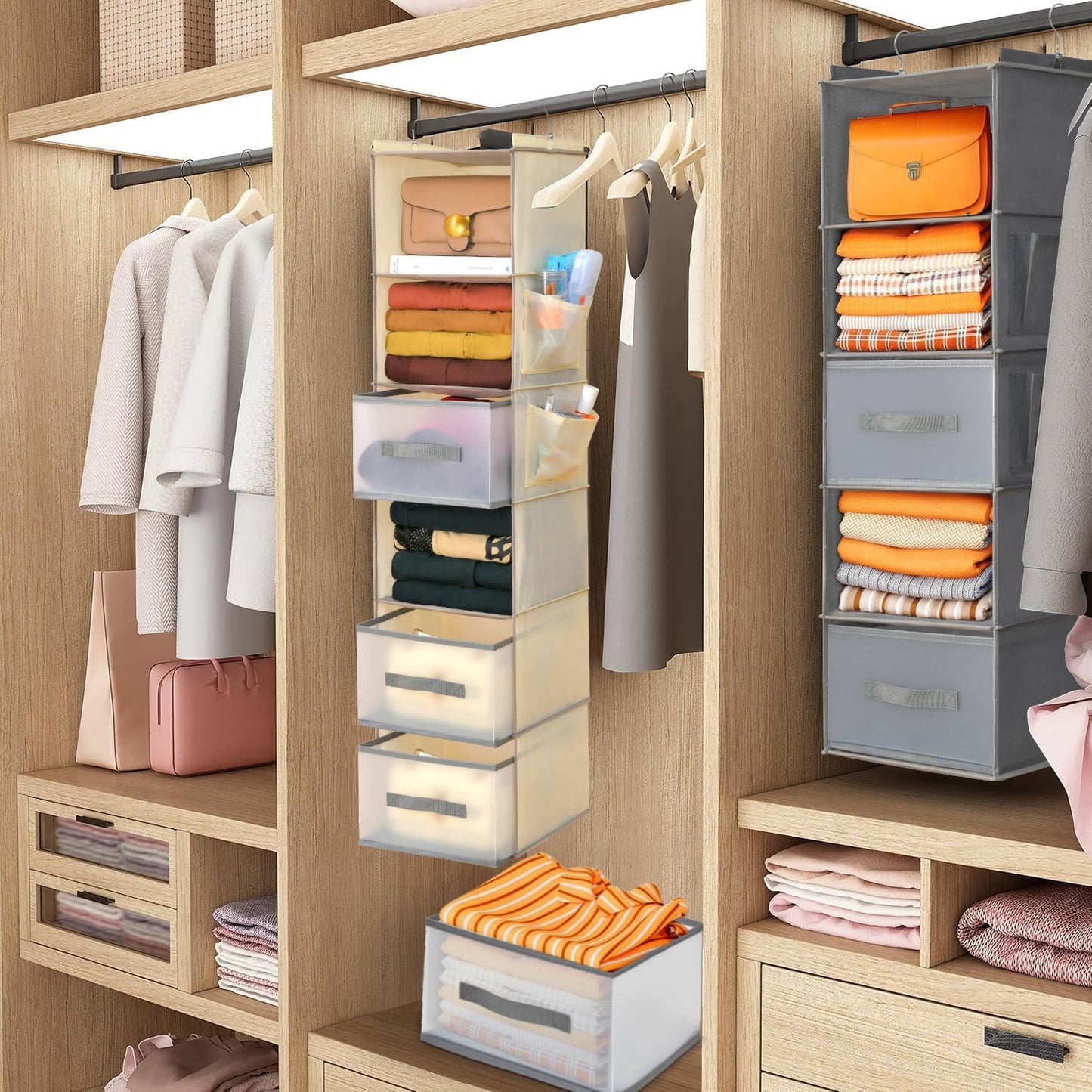 6-Shelf Hanging Closet Organizer with 3 Drawers & Side Pockets, Gray | Non-woven fabric, tool-free setup, ideal for bedrooms/dorms/RVs, 3 foldable transparent drawers for easy access
