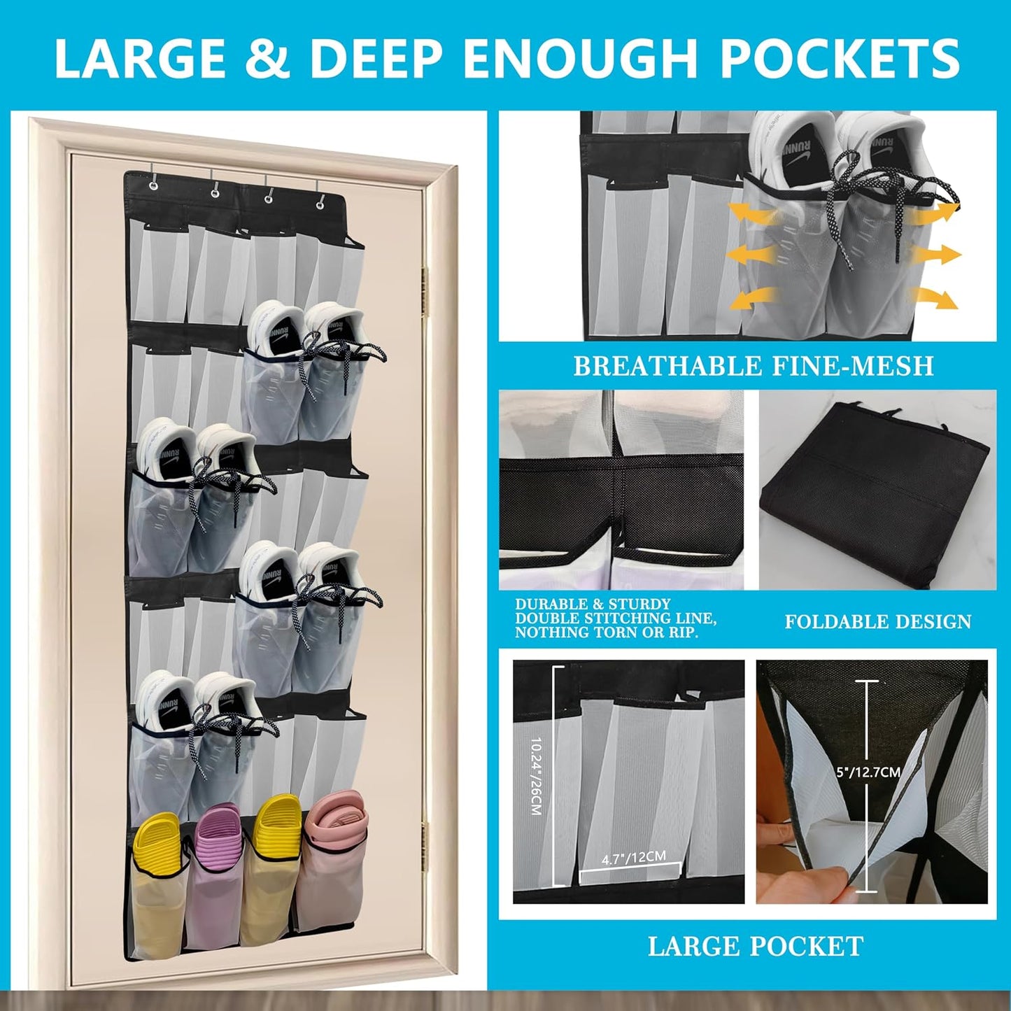 Over The Door Shoe Organizer with 24 Large Breathable Mesh Pockets Sturdy Closet Door Shoe Storage Holder Hanging SimpleHouseware Men Women Kids Shoe Holder for Rack (Black)