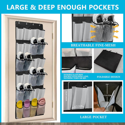Over The Door Shoe Organizer with 24 Large Breathable Mesh Pockets Sturdy Closet Door Shoe Storage Holder Hanging SimpleHouseware Men Women Kids Shoe Holder for Rack (Black)