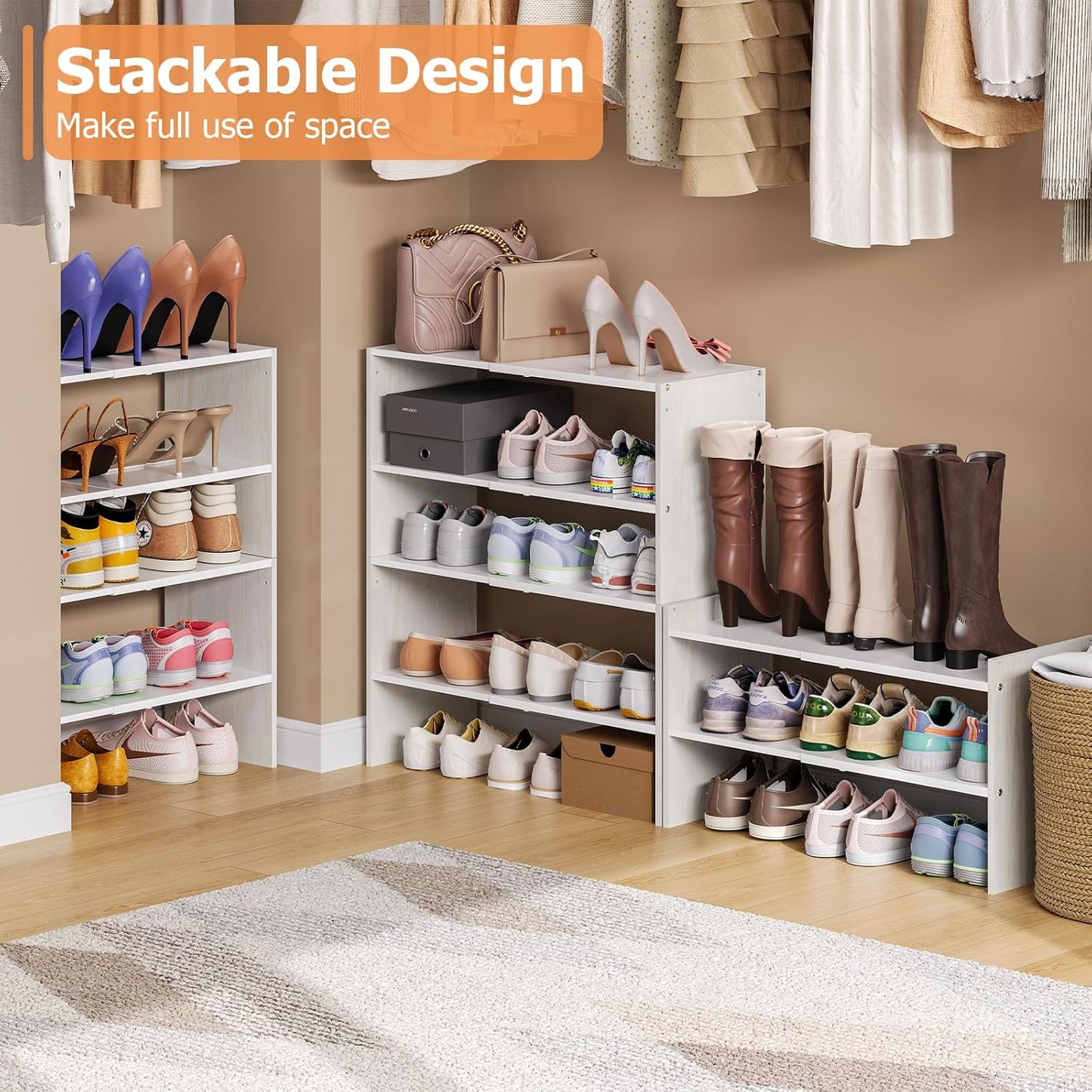 X-cosrack 2 Pack 2-Tier Shoe Rack Organizer for Closet, Expandable and Adjustable White Shoe Rack, Stackable Iron Wood Combination Shoe Storage Shelves for Closets, Entryway, Small Space, Garage