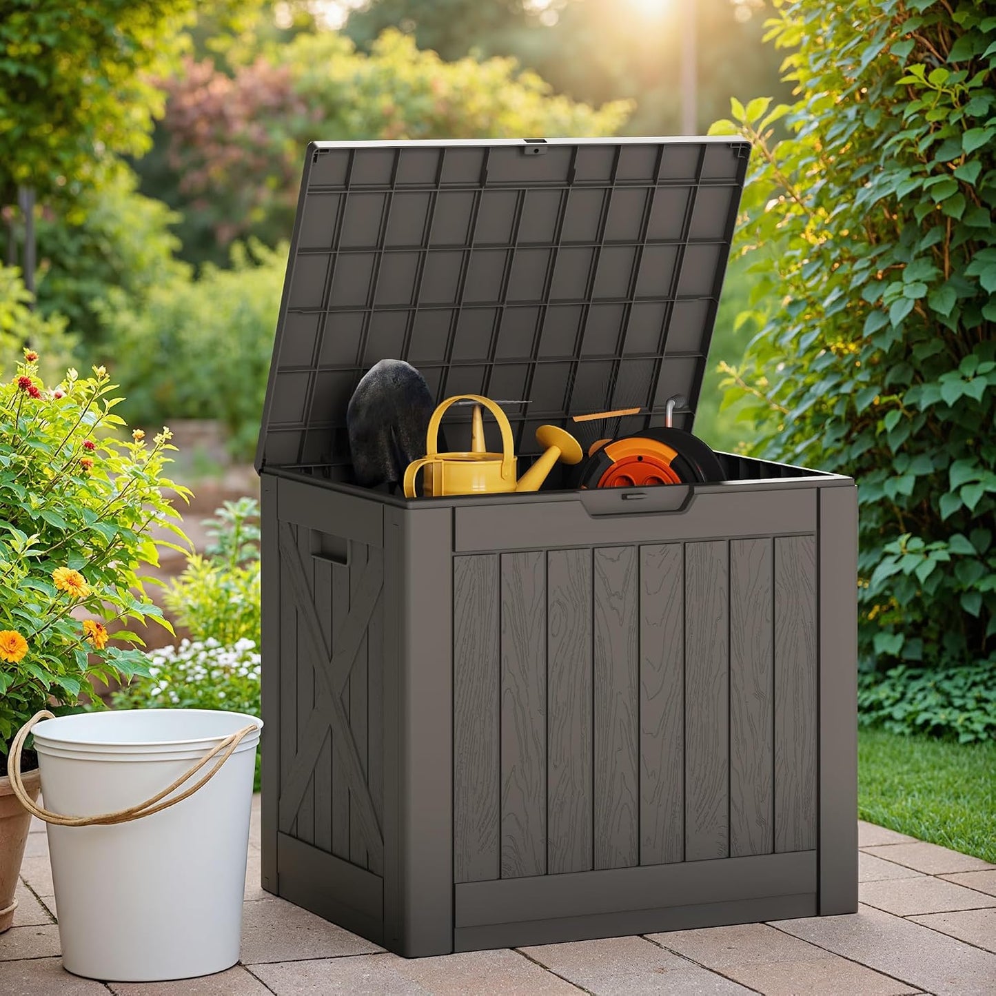 Greesum Outdoor Storage Box 31 Gallon Storage Box with Lid for Patio Furniture, Garden Tools, Pool Supplies, Waterproof and UV Resistant, Lockable, Dark Black