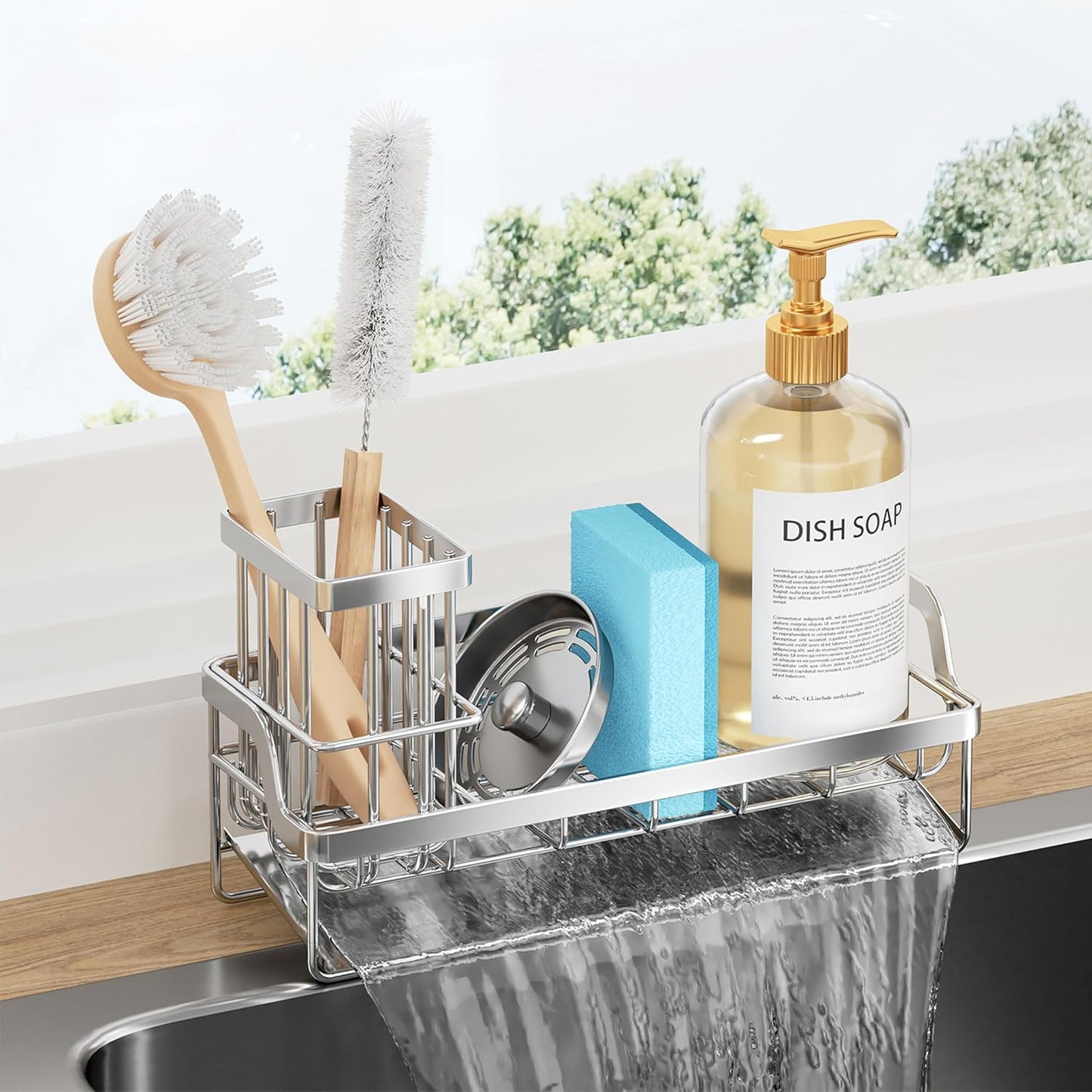 Consumest Sponge Holder for Kitchen Sink - Sink Caddy with Stainless Steel Self Drain Tray, Sink Organizer with High Brush Holder Countertop for Kitchen Sink Accessories, Black