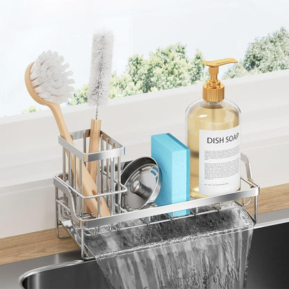 Consumest Sponge Holder for Kitchen Sink - Sink Caddy with Stainless Steel Self Drain Tray, Sink Organizer with High Brush Holder Countertop for Kitchen Sink Accessories, Black